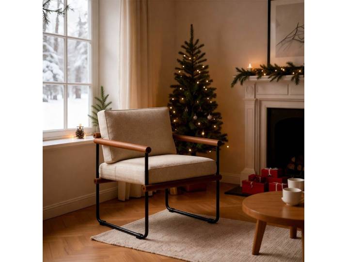 Fauteuil Métal Accent avec Dossier et Siège Toile - Chaise Lounge Liseuse avec Accoudoirs et Rembourrage Confortable - Noir-Brun