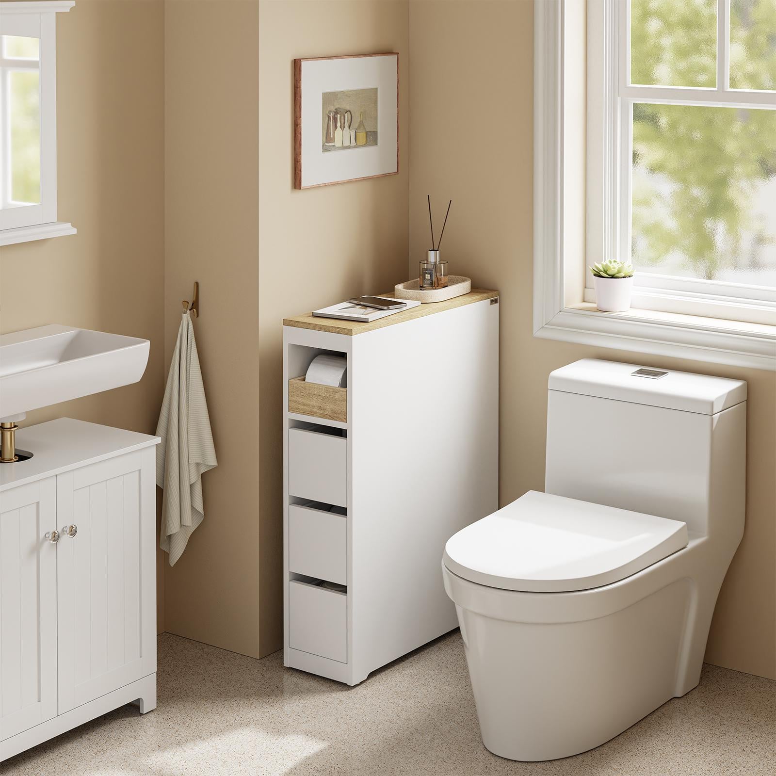 SoBuy Lage badkamerkast met toiletpapierhouder, wit, model BZR54-K-W