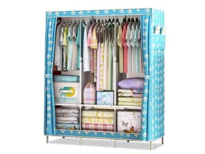Tragbarer Canvas-Kleiderschrank Mit 3 Kleiderstangen Und Seitentaschen Kleiderschrank-Aufbewahrungsorganisator(B)