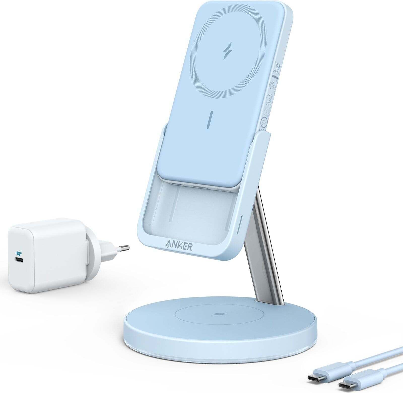 Anker PowerWave Mag-Go 2-in-1 draadloze oplader - blauw