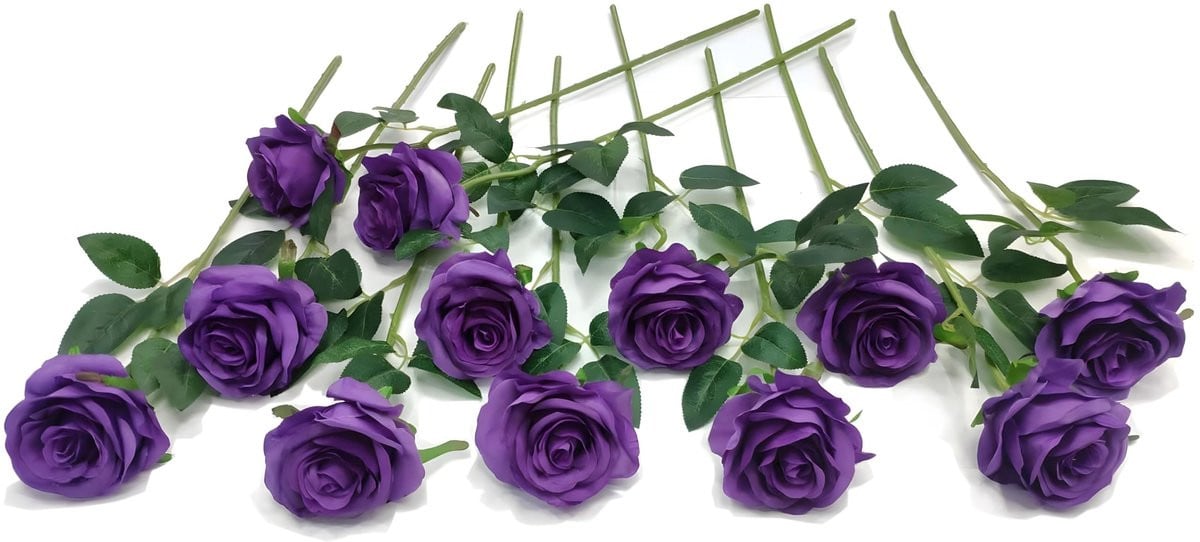 Omgoods - Set van 12 kunstmatige paarse rozen