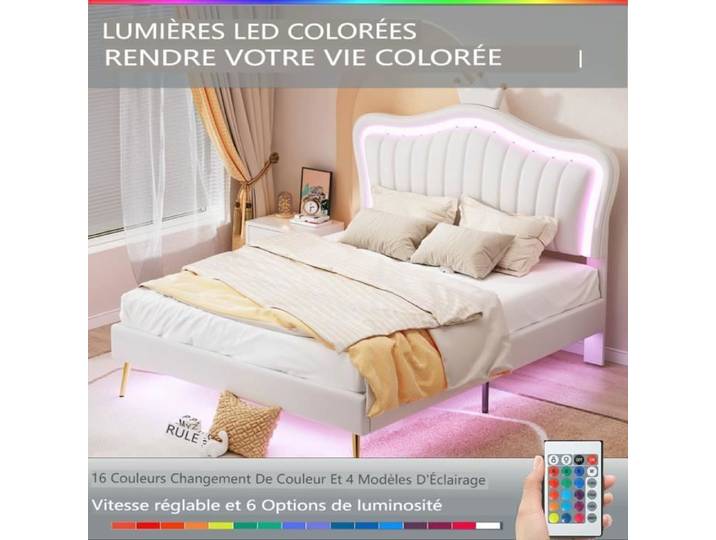 Lit enfant capitonné - VVBV - 140 x 200 cm - LED intégrée - Sommier à lattes