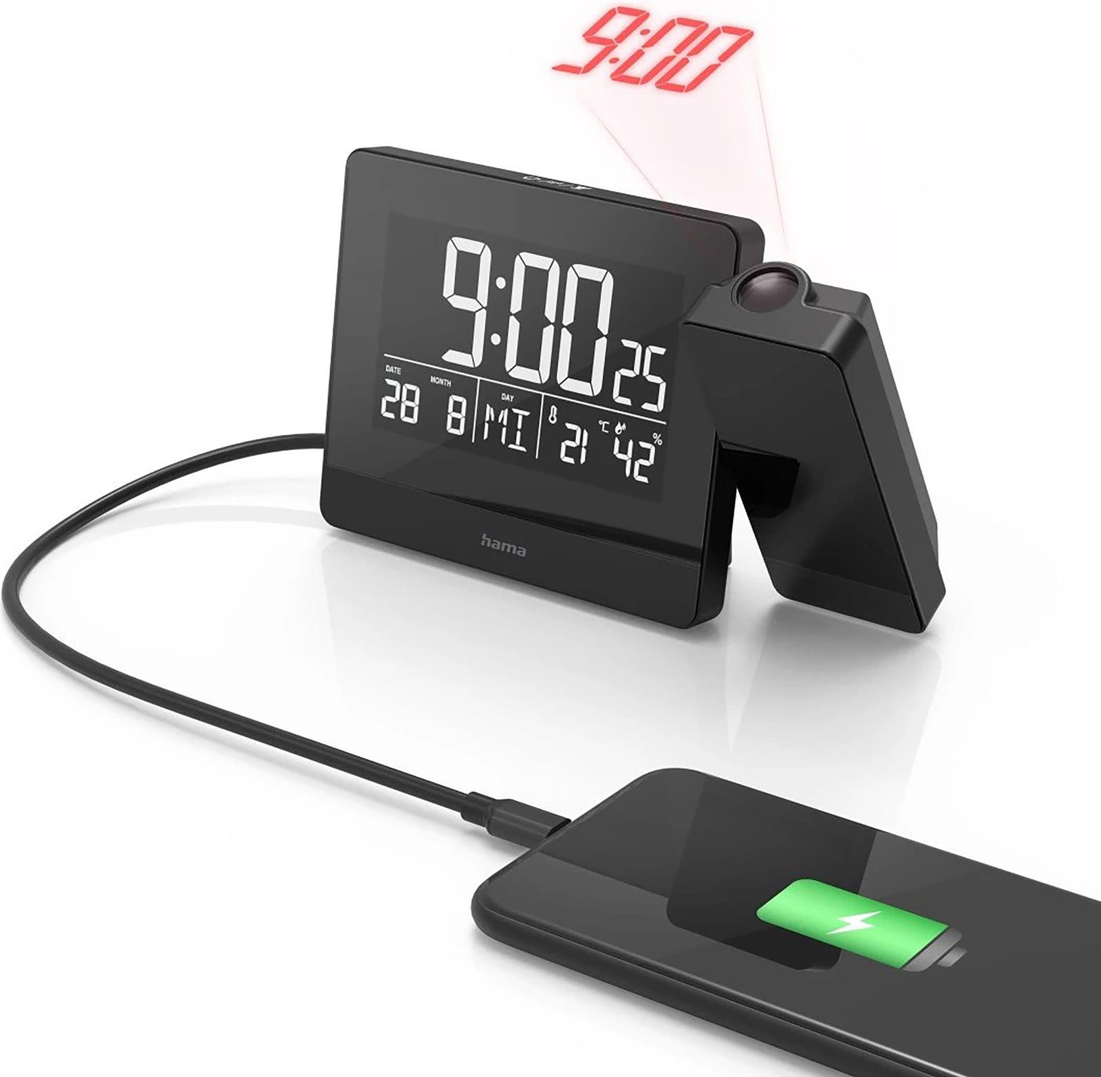 Hama Plus Charge digitale wekker, zwart, met temperatuurmeter en meertalige weergave
