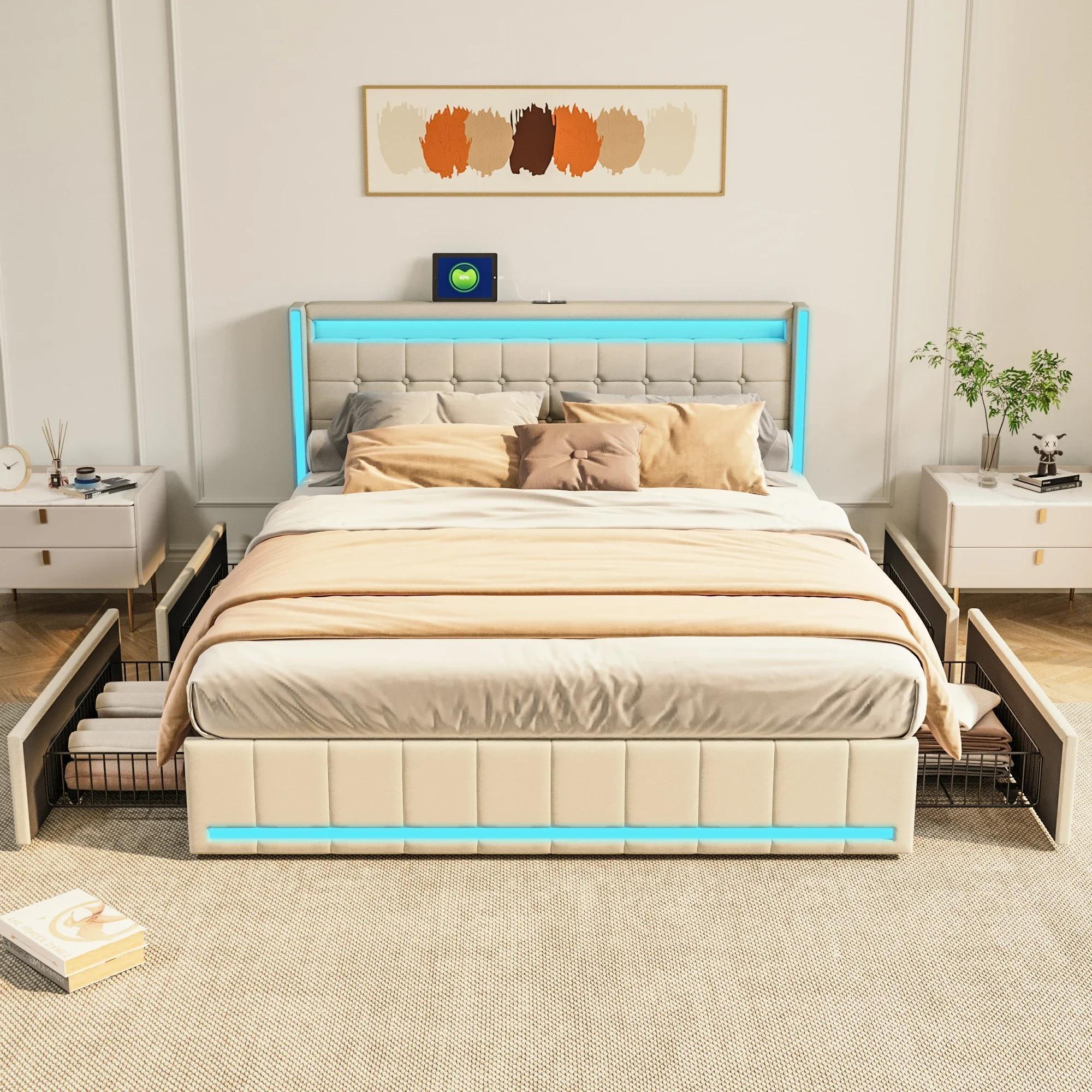 Polsterbett - Doppelbett 140x190 cm - Lattenrost - 4 Bettkästen - LED-Beleuchtung & USB - Leinenstoff - Ohne Matratze - Beige
