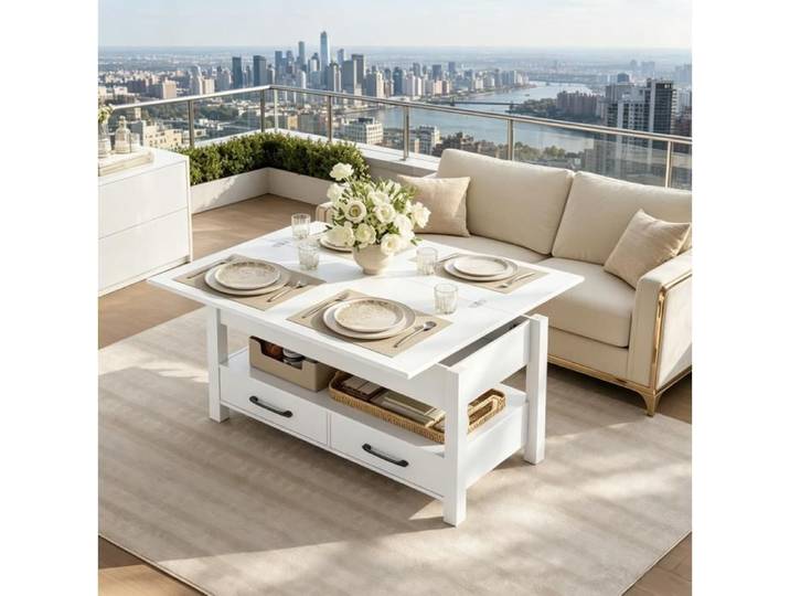Table basse relevable SENVIRO et extensible blanche 100 x 50 5 x 53 cm 2 tiroirs