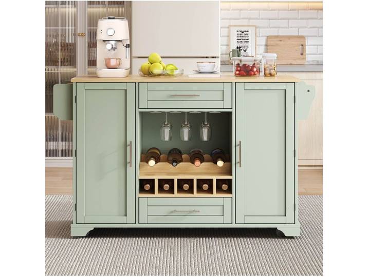 ROVRYN Îlot central de cuisine sur roulettes 138 x 45/70 x 92 cm avec plateau rabattable MDF vert antique