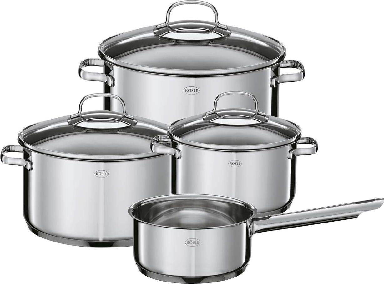 Rösle 10-delige RVS kookgerei set met glazen deksels, zilver