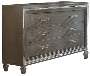 Benjara Textured Front 6 Drawer Dresser with Beveled Mirror Trim, Silver