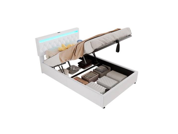 Redom Polsterbett 140/200 cm mit LED-Beleuchtung, Usb-C, USB-Anschluss und hydraulischem Stauraum, Weiß, 140x200 cm, Schlafzimmer, Betten, Polsterbetten
