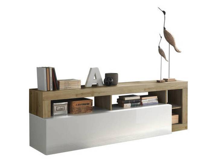Carryhome Tv-Element, Eichefarben, Weiß Hochglanz, 184x58x42 cm, Wohnzimmer, TV Möbel, Lowboards, Lowboards Hochglanz
