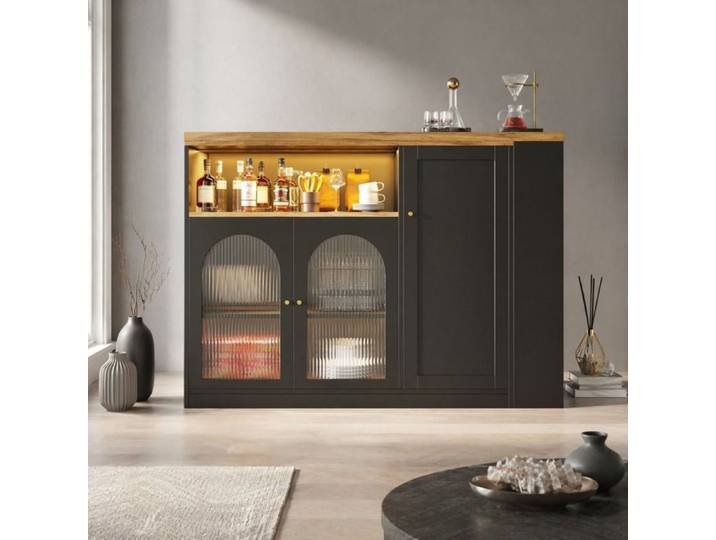 Buffet haut rotatif 360° - noir mat aspect bois porte vitrée LED MDF