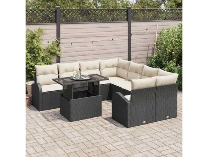 KTHLBRH Modulares Gartenmöbel-Set, 9-teilig, Polyrattan, Schwarz Eckregal mit Behälter, Tisch inklusive, UV-beständig, für Terrasse