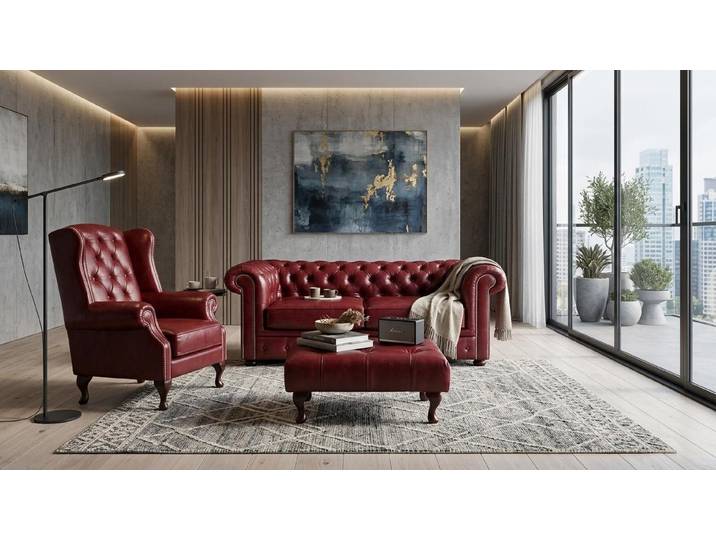 JVmoebel Chesterfield-Sofa Klassisches Braunes 2-Sitzer Sofa Sessel Hocker Holz Wohnzimmer Set, 1 Teile, Special features