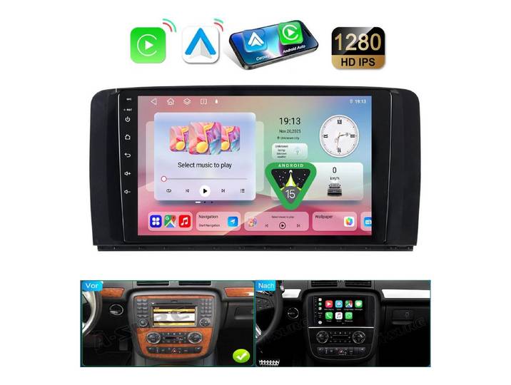A-Sure Carplay Android 15 Navi für Mercedes-Benz R-Class R 350 W251 2006–2013 Autoradio (DSP, RDS, Android Auto, Digitalradio (DAB), FM, Apple Carplay, WIFI)