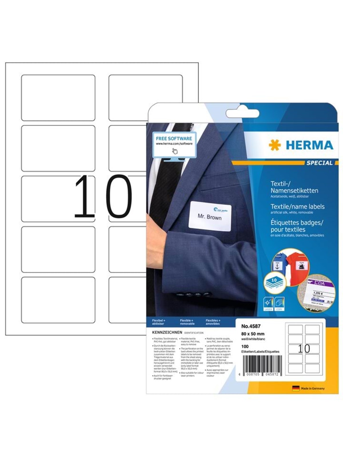 HERMA Namensetiketten, ablösbar, A4, 80 x 50 mm, weiß, trennbar, Acetatseide, bedruckbar