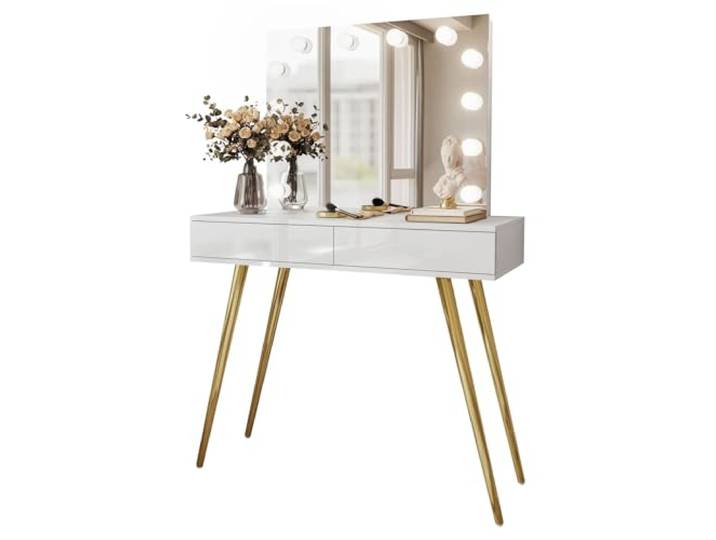 Lookway Schminktisch Sienna Gold Elite mit LED-Spiegel auf goldenen Beinen, 2 Schubladen, Push-to-Open oder Kristallgriff (Weiß/Weiß Hochglanz, Push-to-Open System)
