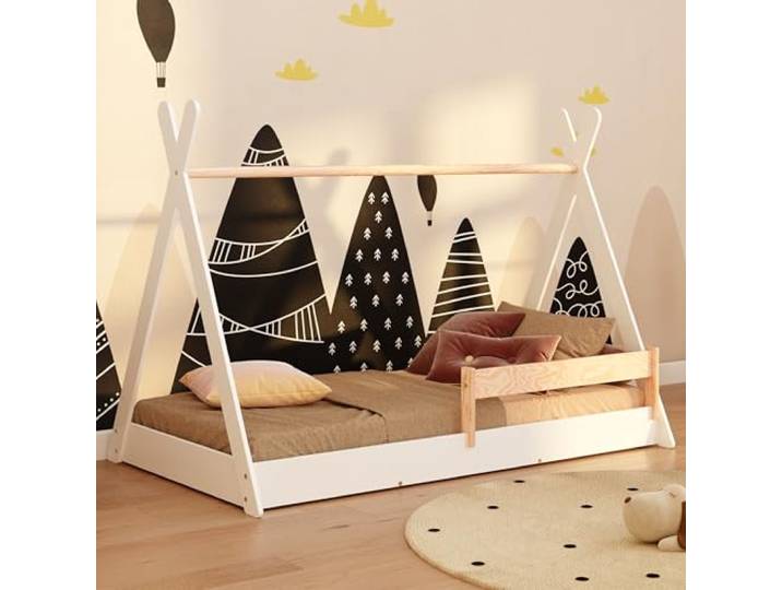 smartwood Hausbett 90x200 cm mit Lattenrost, aus Kiefernholz, Weiß, Tipi F Montessori Bodenbett, Rausfallschutz, Einstiegshöhe 14cm, Belastbar bis 230kg, FSC-Holz, abgerundete Kanten, Einfache Montage