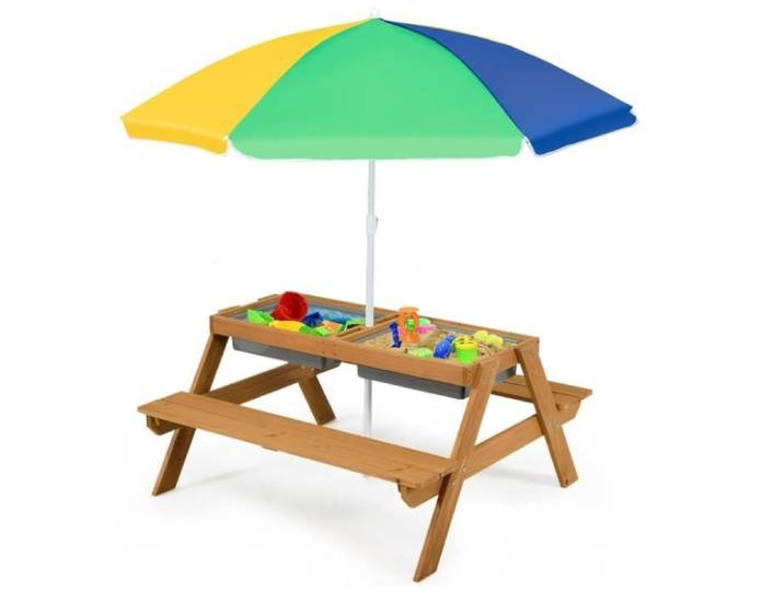 DREAMADE 3 en 1 Table de Pique-Nique Enfants avec Parasol Réglable 2 Boîtes Détachable pour Jardin et Terrasse 3-7 Ans Naturel