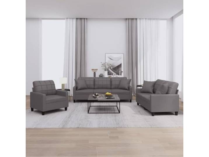 HEFZGDB 3-TLG. Sofagarnitur mit Kissen Grau Kunstleder Langlebig Bequem Sitzgruppe Polsterung Schmutzabweisend Luxuriös Wohnzimmer Modern