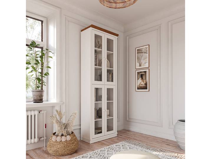 Vitrine en pin massif 74 x 223 x 37cm Blanc/Pin blanc/Pin couleur miel