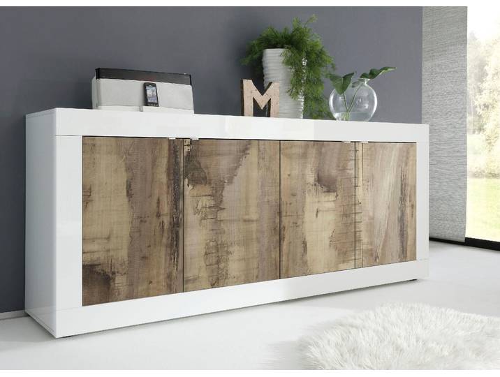 Sideboard HOME AFFAIRE Basic Breite 207 cm, Kommode 4 Türen, Anrichte , weiss (weiß hochglanz lack, pero), B:207cm H:86cm T:43cm, Sideboards, Sideboard, Metallgriff, moderne Rahmenoptik, viel Stauraum, Farbauswahl