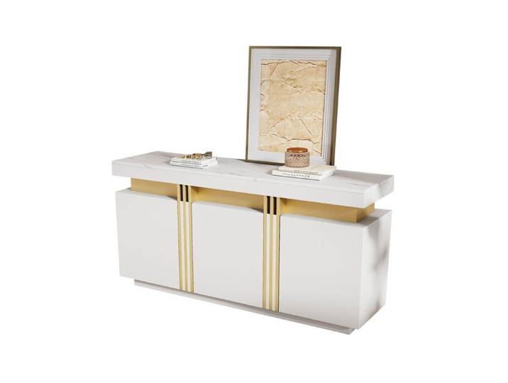 Buffet design blanc 140x38x70cm avec 3 compartiments et cloisons ajustables coutures platine élégantes