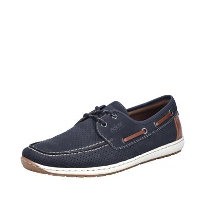 Bootsschuh RIEKER, Herren, Gr. 45, blau (nachtblau), Nubuklederimitat, Schuhe Bootsschuh, Mokassin, Halbschuh, Frühlingsschuh mit Perforation