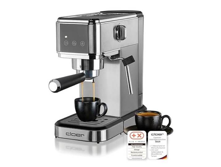 Cloer 5829 Espresso-Siebträgermaschine, Espressomaschine mit Aufschäumer, 20 Bar, schmales Design,1-2 Tassen Espresso, Cappuccino,Latte Macchiato,Sicherheitsabschaltung,1 Liter Wassertank,1350W