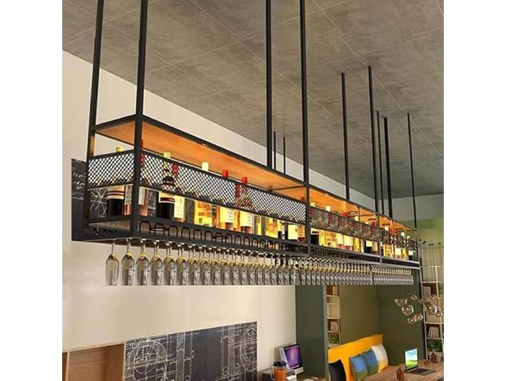 RAJYQODIS 2-lagig Industrielles Deckenregal Weinregal (Schwarz, 180cm) Hängendes Weinglasregal aus Metall, Bar-Display Weinlagerhalter, für Bar Restaurant Cafe Küche