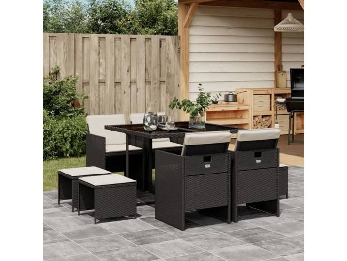 Ensemble à manger jardin 9pcs et coussins noir résine tressée