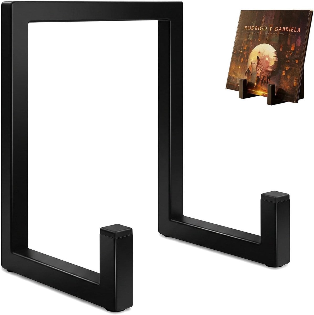 Zwarte metalen platenstandaard voor vinyl en albums