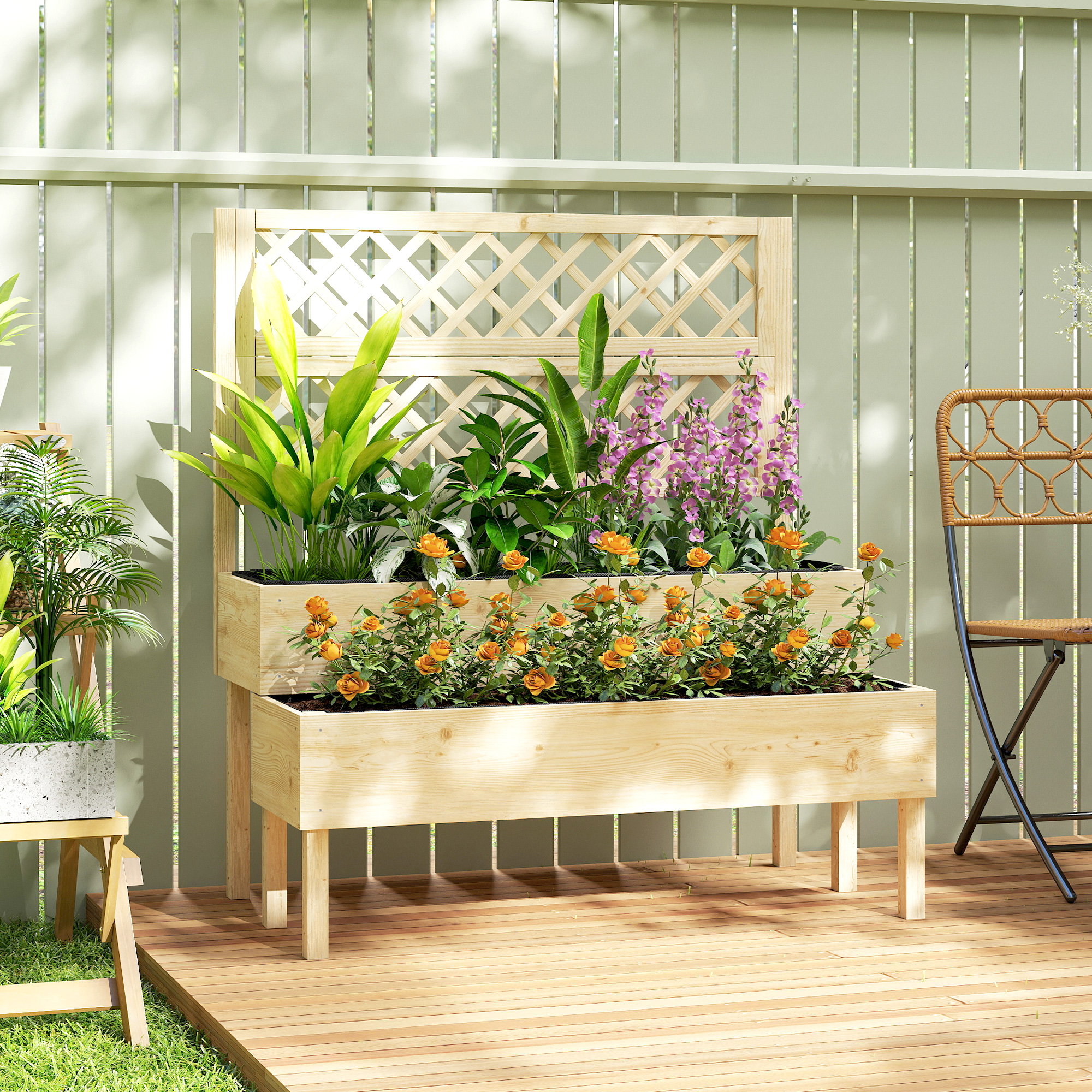 Outsunny Aiuola rialzata con traliccio 2 livelli cassone elevato con 2 scomparti, legno 108 x 62 x 120 cm   Aosom Italy