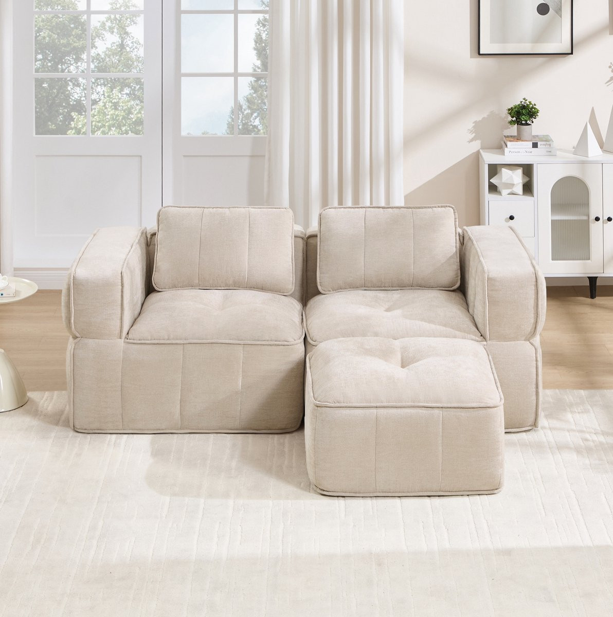 FloraGrace Hoekbank - 2-Zits Modulaire Hoekbank met Hocker - Beige - Polyester