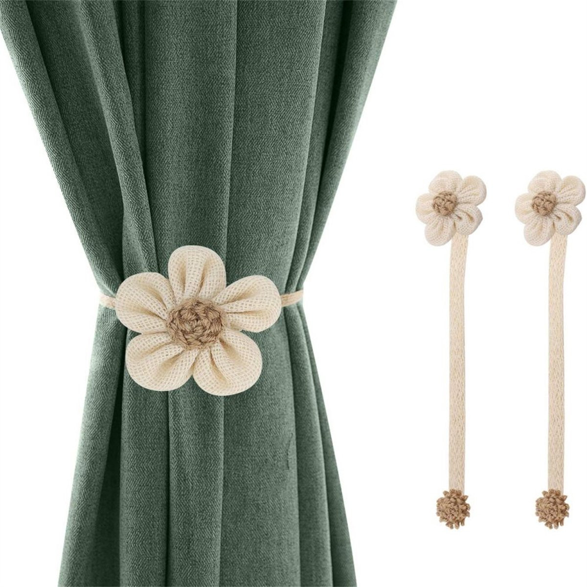 QTTVBTNA Bloemen Gordijnhouder Magnetisch Gordijnkoord - Beige - 2 Stuks - 40 cm
