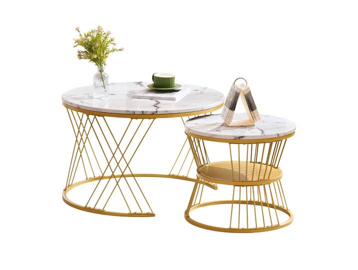 Flieks Couchtisch 2er Set Nesting Hochglanz Marmor Gold Rahmen, Weiß, 70x45x70 cm, Wohnzimmer, Wohnzimmertische, Couchtische