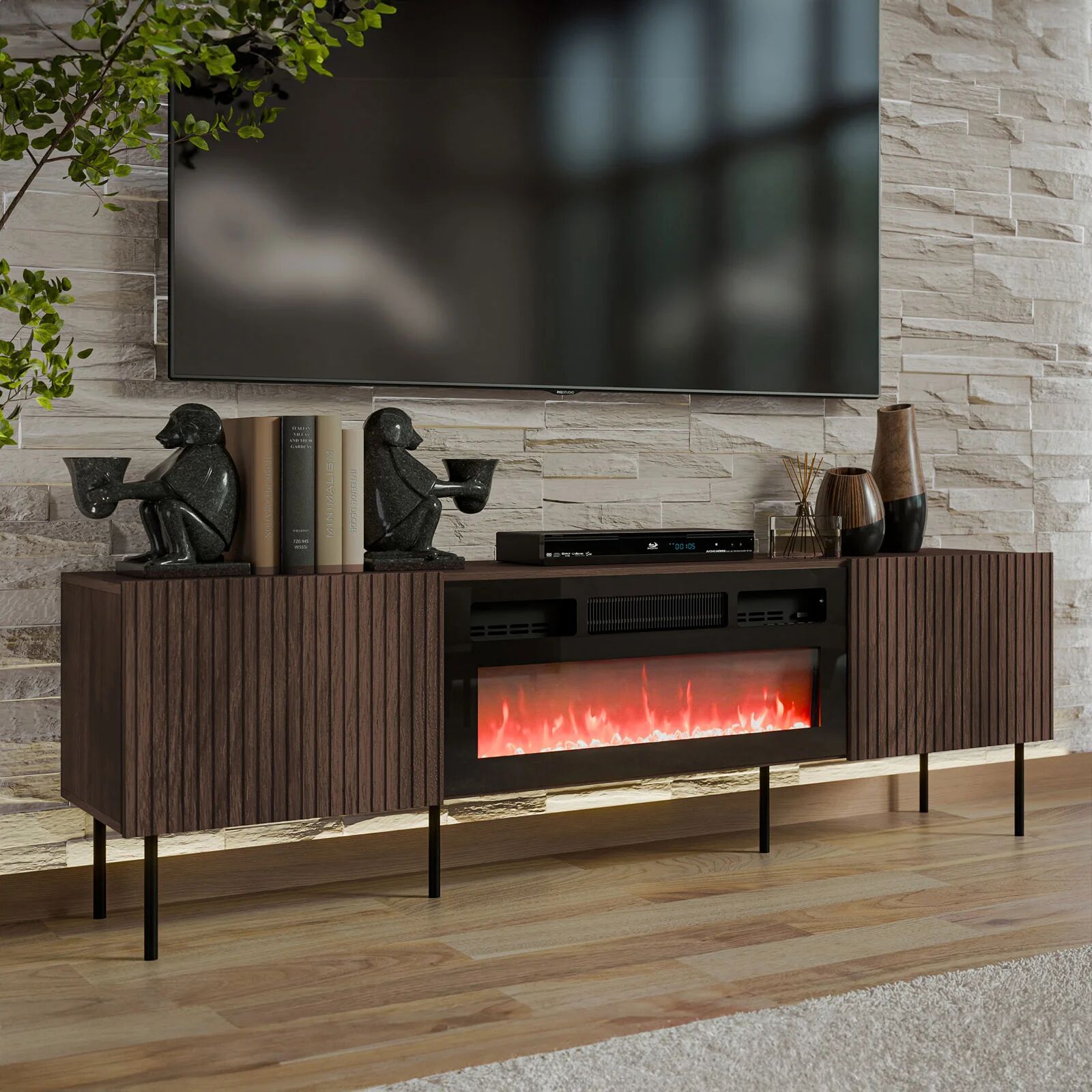 garneroarredamenti Mobile porta TV 181x58h cm 2 ante con elettrico caminetto noce cannettato Gabiot