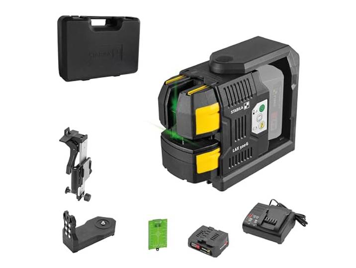 STABILA Système 12 V Laser lignes croisées vert LAX 500 G\, autonivellement\, avec points d'aplomb\, portée maxi : 40 m\, batterie CAS et chargeur CAS (EU)\, coffret de transport