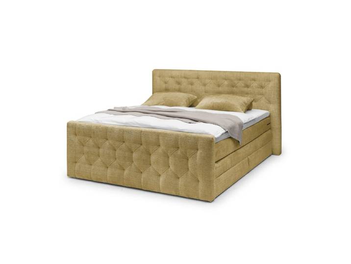 Trendstore Evellin Boxspringbett in Bouclé, inkl. 2 Matratzen und Topper - Cremona 48 Gold Schlafzimmer, Kopfteil mit Steppung, mit Matratzen und Topper, bequeme Polsterung, trendiger Bouclébezug Modern, Zeitlos