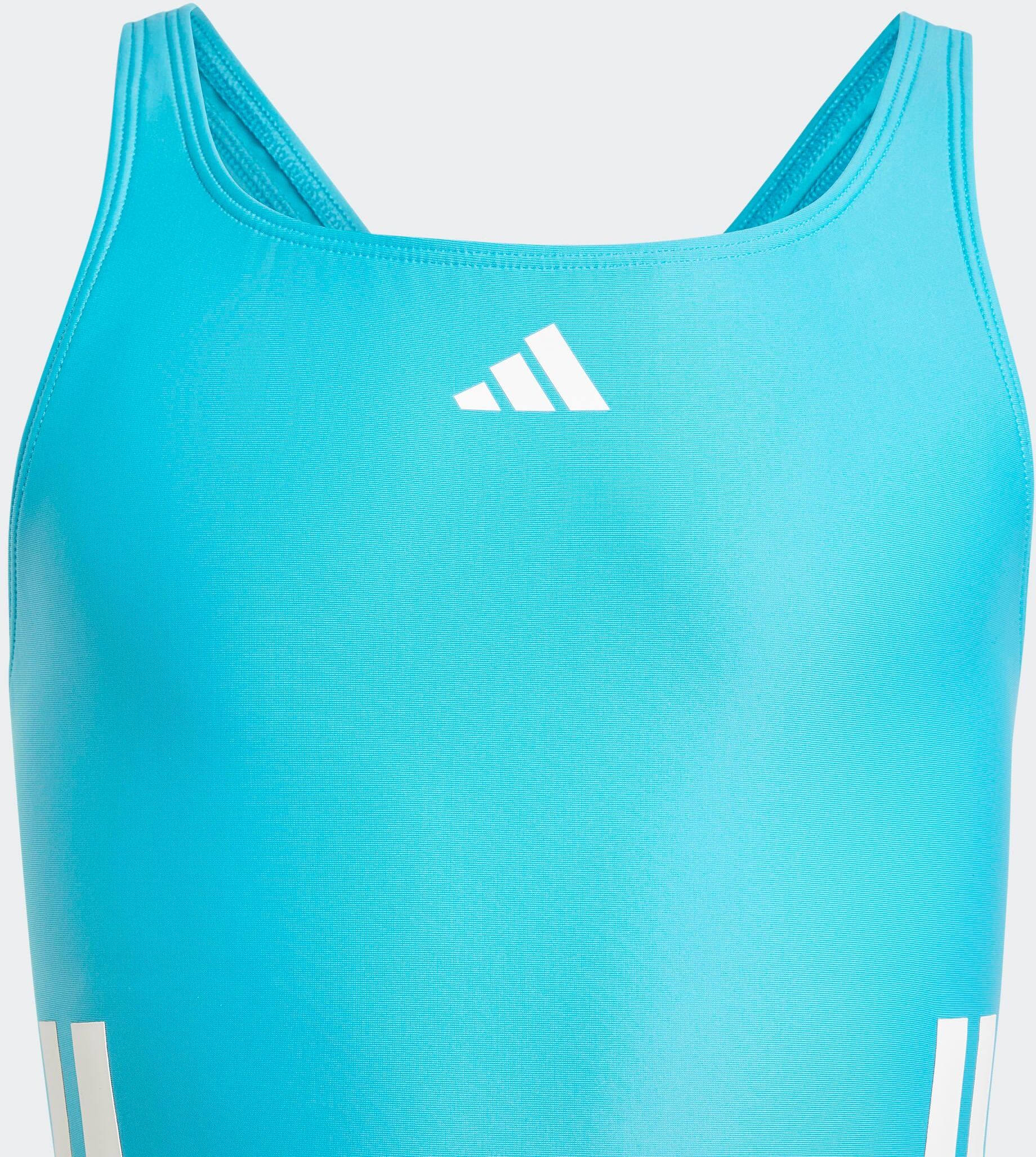 Badeanzug ADIDAS PERFORMANCE "3S BLD SWIMSUIT", Mädchen, Gr. 98, N-Gr, weiss (lucid cyan, weiß), Obermaterial: 78% Polyester, 22% Elasthan, Badeanzüge Badeanzug lucid cyan, weiß 98, N-Gr