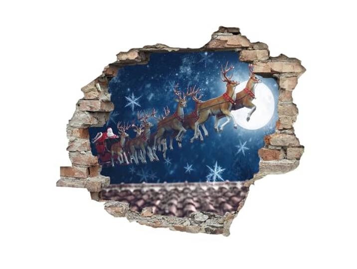 Queence 3D-Effekt Weihnachten ca. 60x50 cm Wandtattoo Wanddurchbruch Weihnachten Durchbruch selbstklebendes Wandbild Wandsticker Tattoo (Rehntiere)