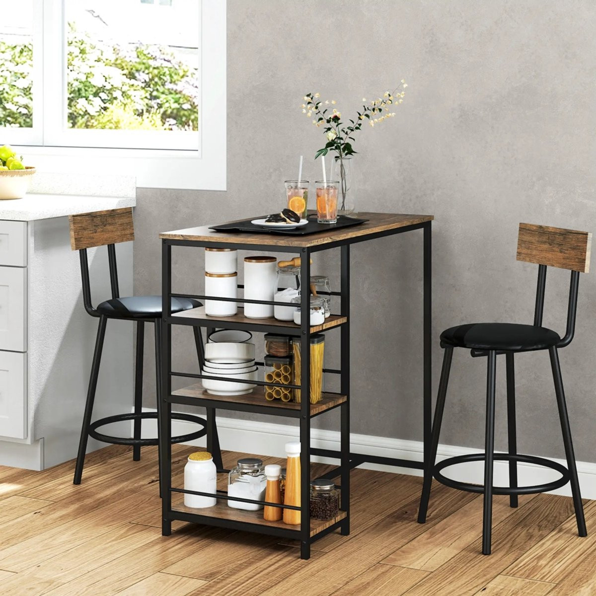 Sweiko Bartafel set - 3-delig - Tafel met 2 stoelen en 3 planken - MDF en metaal - Zwart/Bruin