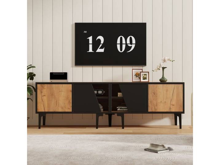 Meuble TV - ZEVKOR - Meuble TV 160 cm - 4 compartiments - 4 portes inclinées - Naturel et noir
