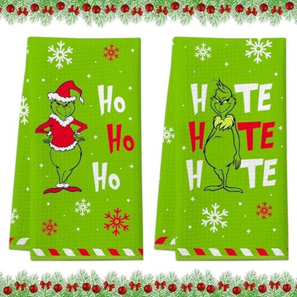 Set van 2 grappige kerst keukendoeken met groenharig monster