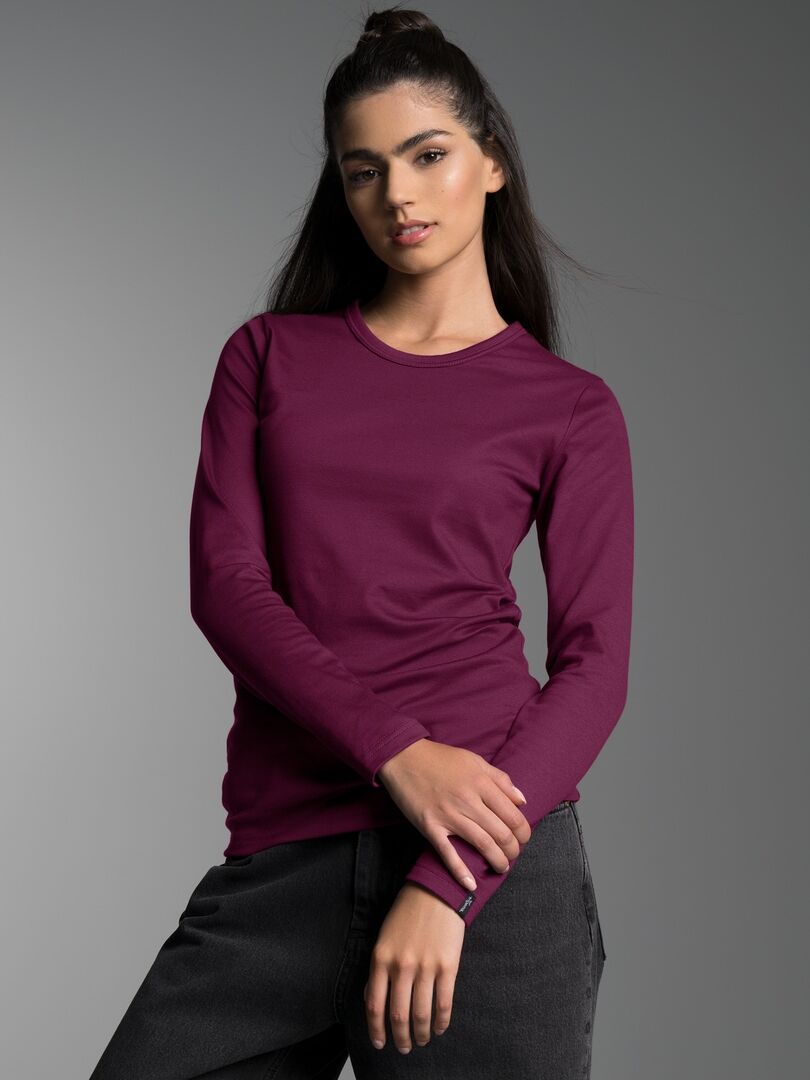 Longsleeve TRIGEMA "TRIGEMA Langarmshirt", Damen, Gr. M, lila (sangria), Feinstrick, 95% Baumwolle, 5% Elasthan, Basic, lang, Rundhals, Shirts Longsleeve sangria M