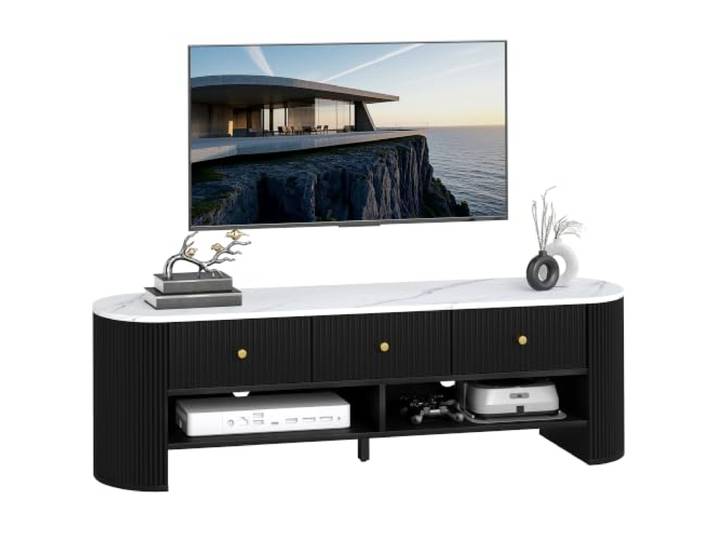 HOMCOM TV-Ständer mit Stauraum, Marmorplatte, für 32-65 Zoll TV, Schwarz Modernes Medienregal, 3 Schubladen, 2 offene Regale, Unterhaltungszentrum, Wohnzimmer