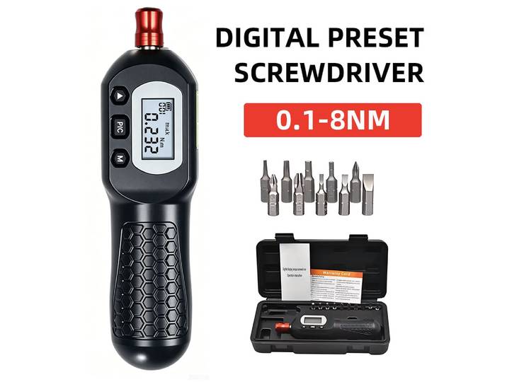 Tournevis dynamométrique numérique 1/4'' avec clé dynamométrique 0,1-8 Nm et kit de 10 embouts magnétiques pour réparation