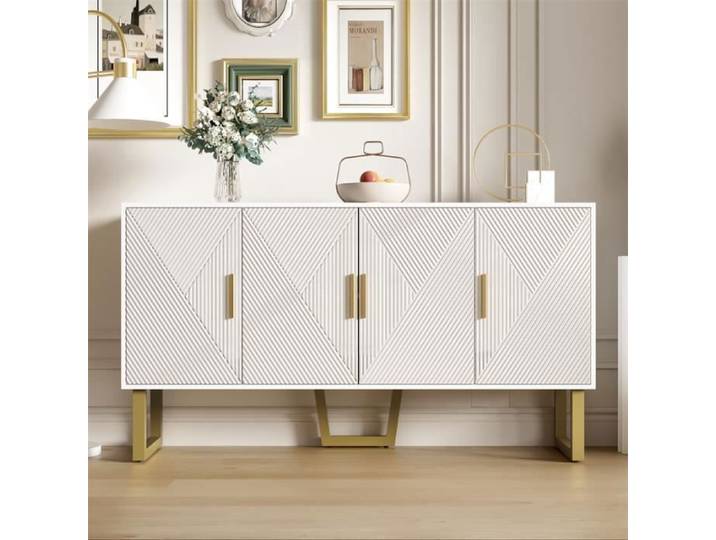 Buffet - DREAMMESPACE - 150x40x82cm - 4 portes brillantes - Étagères réglables - Blanc