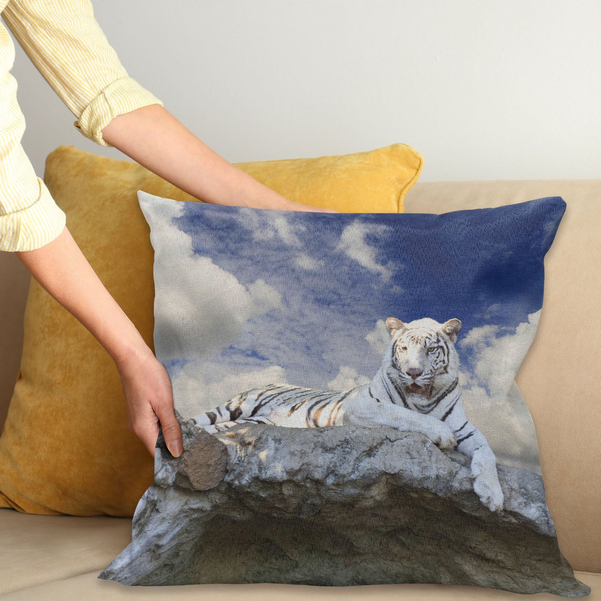 ABAKUHAUS Tiger Kussenhoes Bengal Feline Jagd, Eierschaal Lucht Blauw Wit, 50 x 50 cm