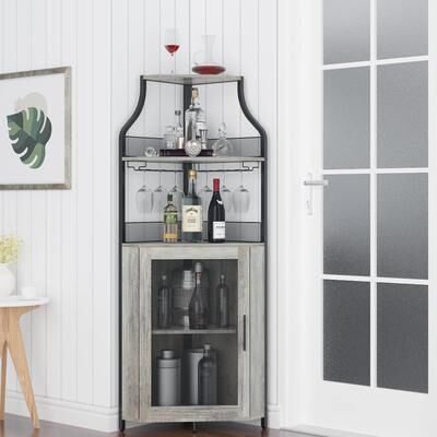 Garvee Corner Wine Cabinet with Removable Wine Rack, Wine Bar Cabinet with Barn Door and Adjustable Shelves - 18.5x5.1x60.6in