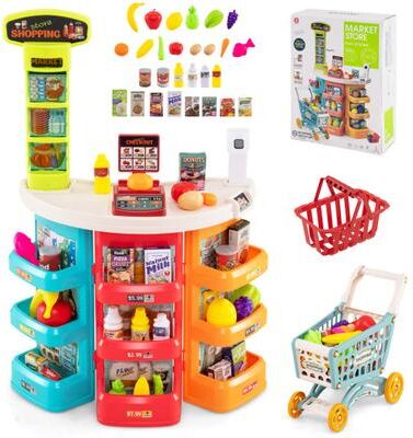 Costway Supermarket Playset for Kids 76 PCS Pretend Play Grocery Store Set with Shopping Cart-Blue